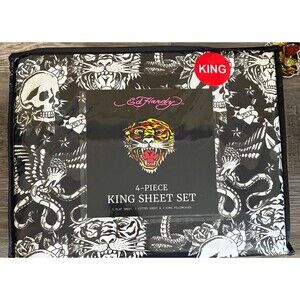 Ed Hardy Black w/White Tigers, Skulls, Cobras Tattoo Print 4pc KING Sheet Set